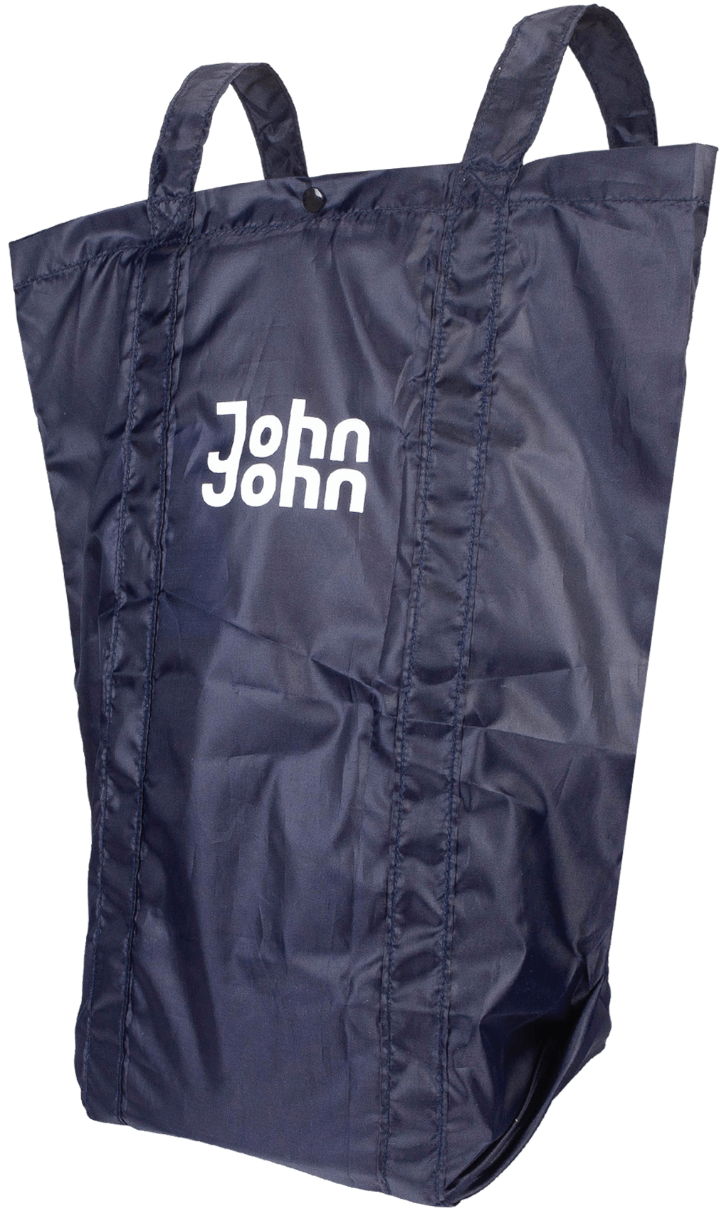 Dunkelblaue, packbare JohnJohn Tasche aus recyceltem Plastik, immer griffbereit.